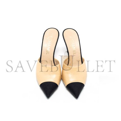 CHANEL BEIGE BLACK LEATHER AND CANVAS CC PEARL EMBELLISHED HEEL MULES  
